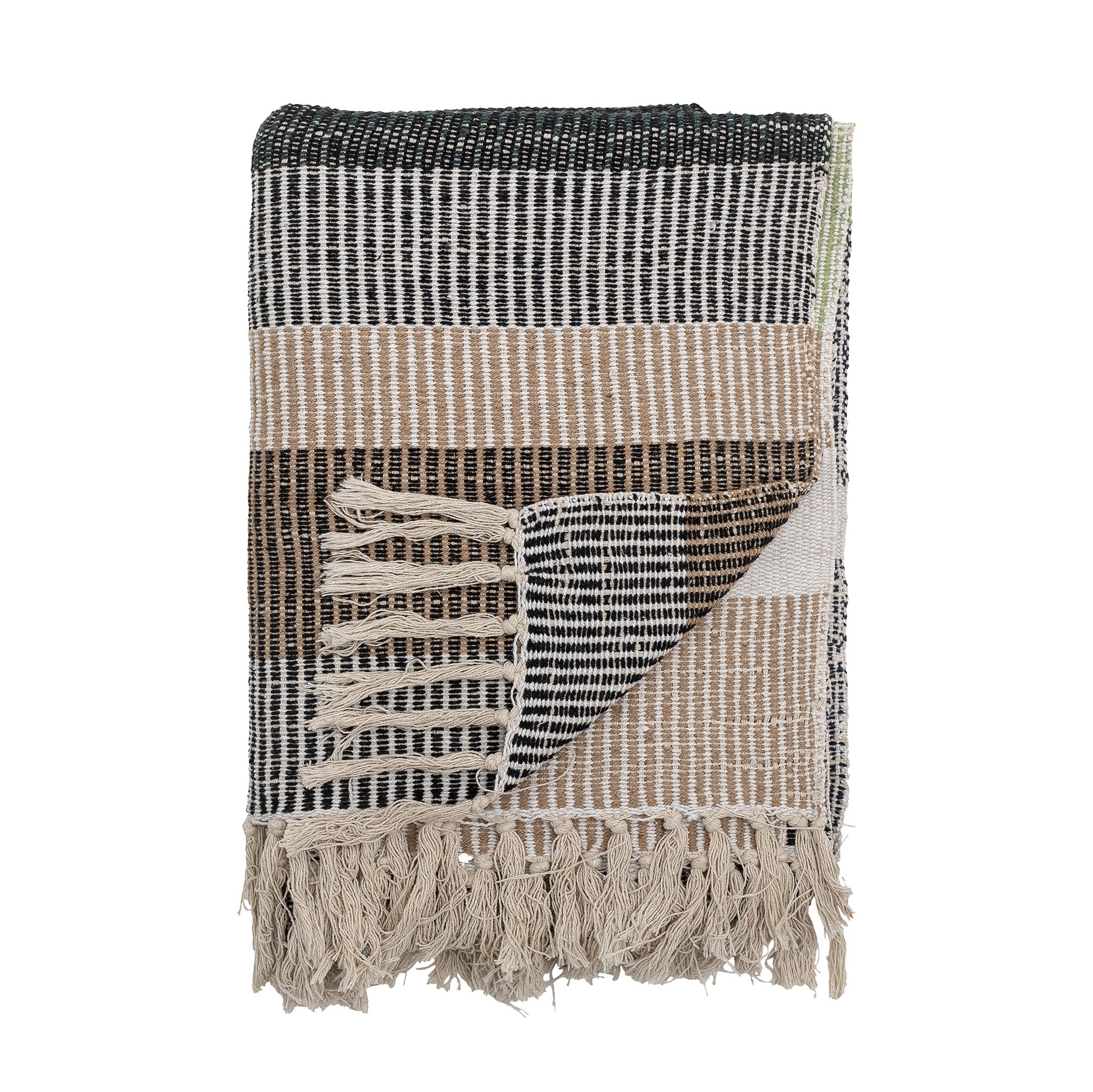 a recycled cotton throw with stripes in brown and green