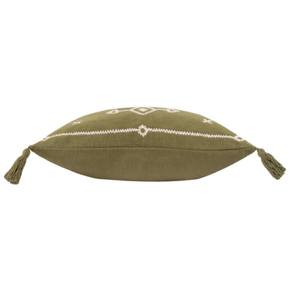 rectangular cushion in khaki with white embroidered design and six tassels 50 x 30 feather filled