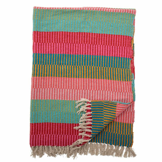 a colourful striped throw with shades of pink , turquoise, yellow, green and blue. Made from upcycled cotton this is a cosy weighty throw