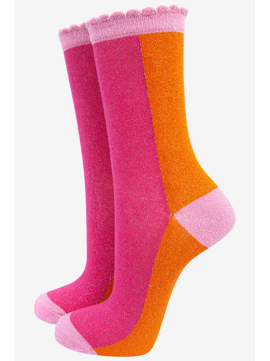Ladies cotton glitter socks Colour block in pink and orange