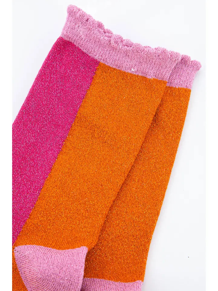 Ladies cotton glitter socks Colour block in pink and orange