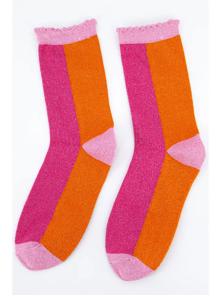 Ladies cotton glitter socks Colour block in pink and orange