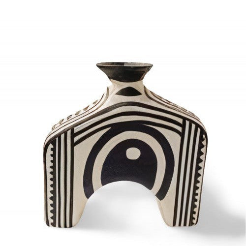 decorative vase with black and white design
