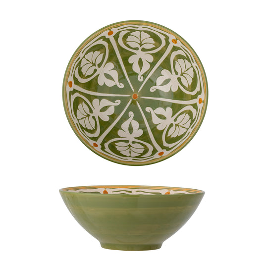 Large ceramic serving bowl in green with pattern