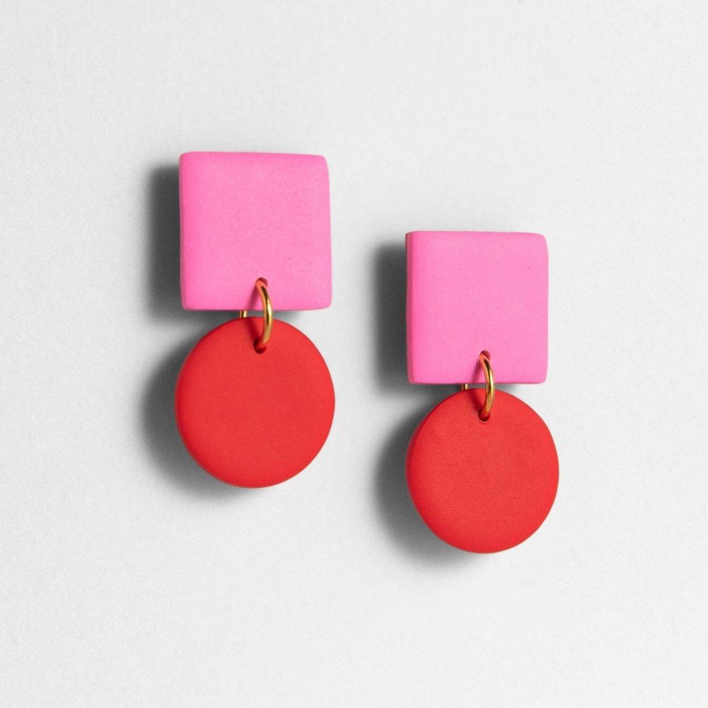 dangle earrings pink square and red circle irish handmade