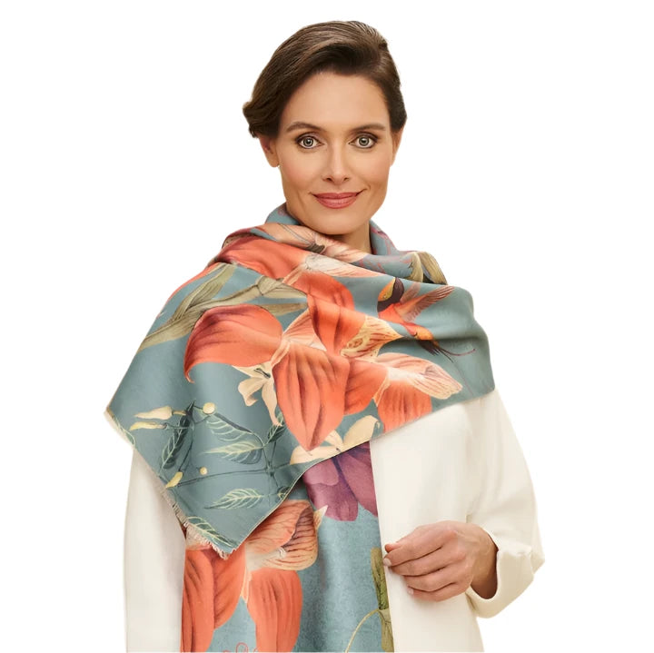 scarf with teal background and hummingbird design