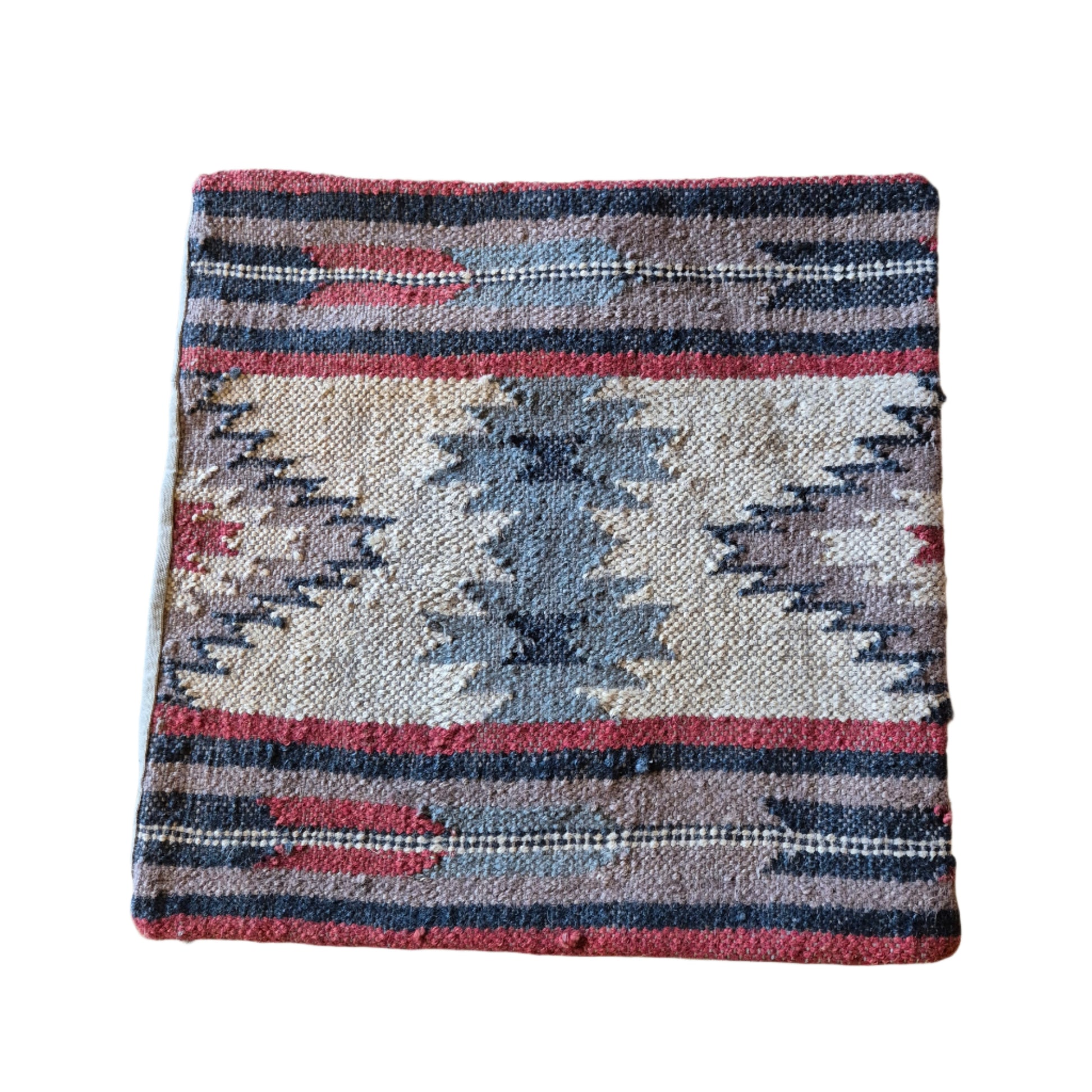 Kilim cushion made from hard wearing wool and jute, patterned in the traditional kilim designs. Stylish, timeless and colourful. These cushions will add a touch of bohemian chic to your home. Can be used as an accent piece or in a series of textured pieces on your sofa, chair or bed.