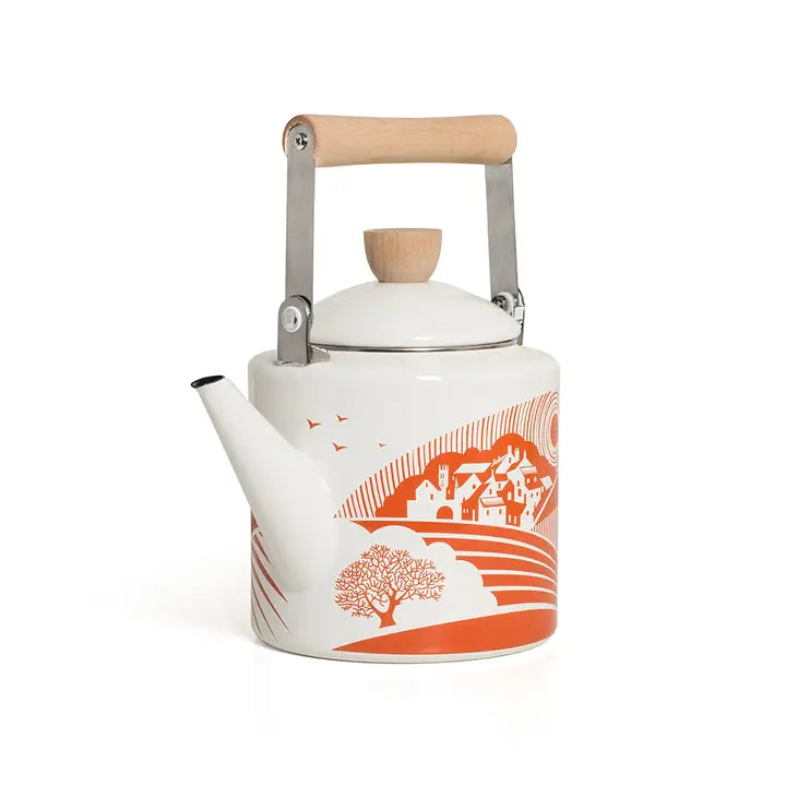 A peaceful countryside scene brings a calming ambience to the kitchen through the unique design of this Moordale kettle. 