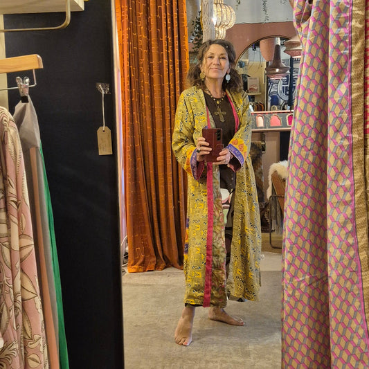 Reversible, long, silk kimono. Each one completely unique and made from sustainable vintage silk saris