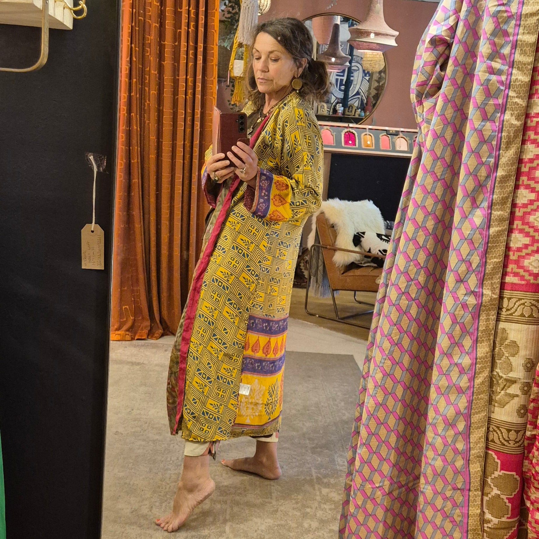 Reversible, long, silk kimono. Each one completely unique and made from sustainable vintage silk saris