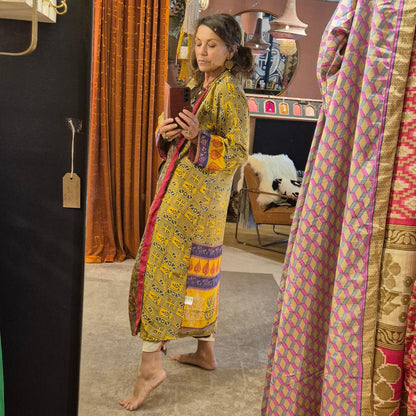 Reversible, long, silk kimono. Each one completely unique and made from sustainable vintage silk saris