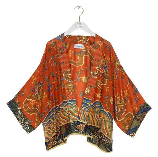 dragon design on rust background kimono