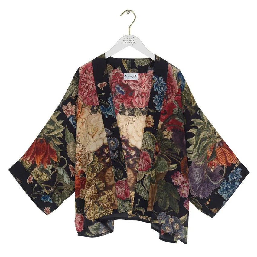 kimono with giant blooms on black background