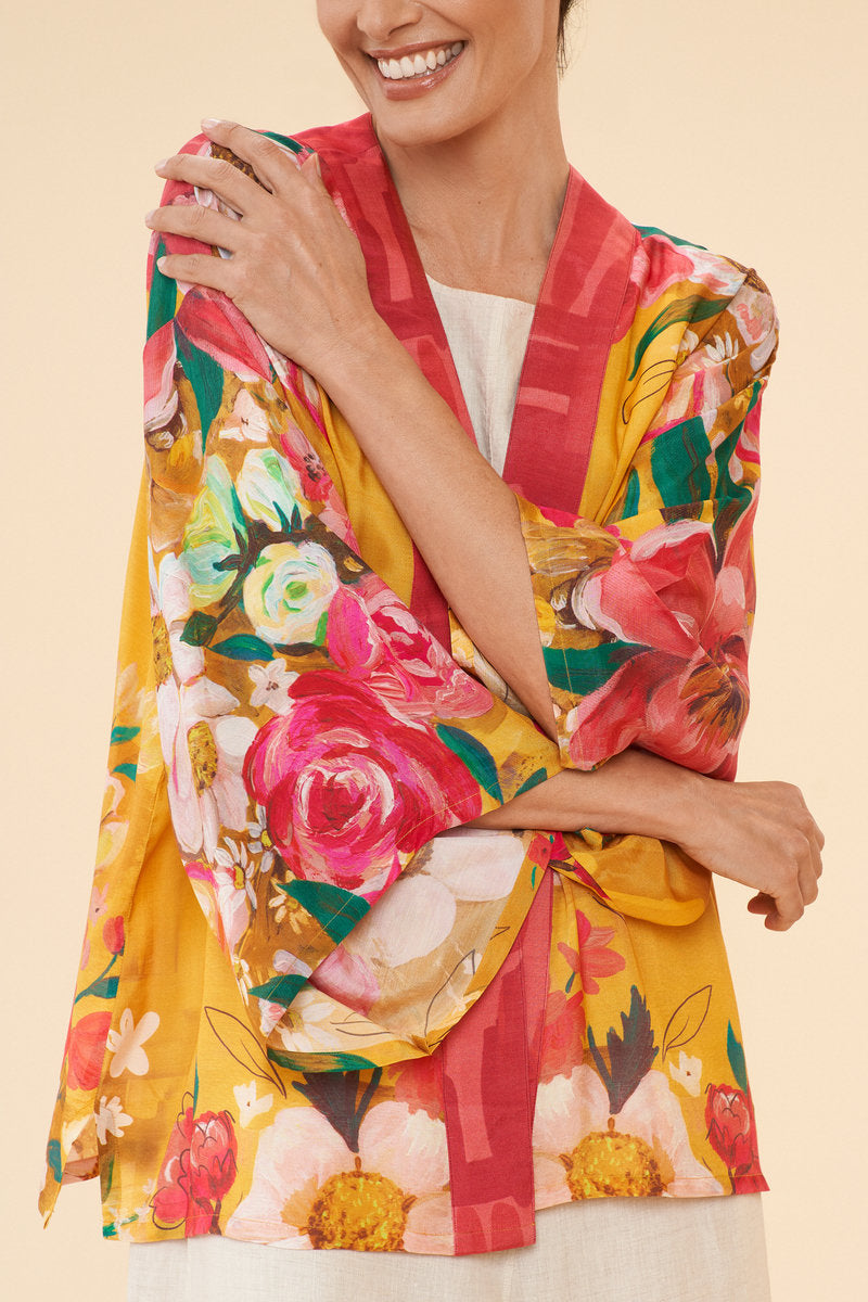 kimono in mustard with botanical print