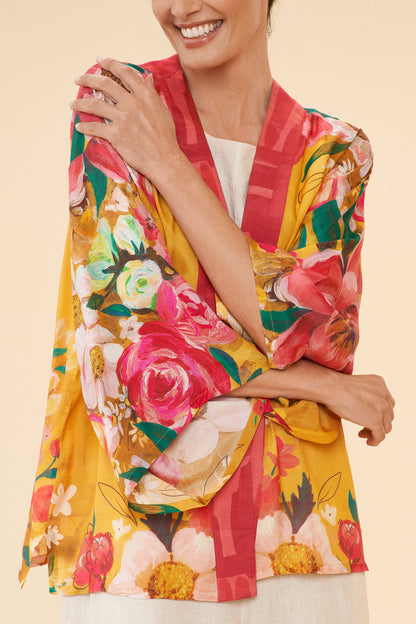 kimono in mustard with botanical print