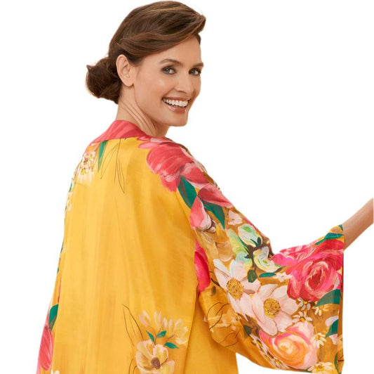 kimono in mustard with botanical print