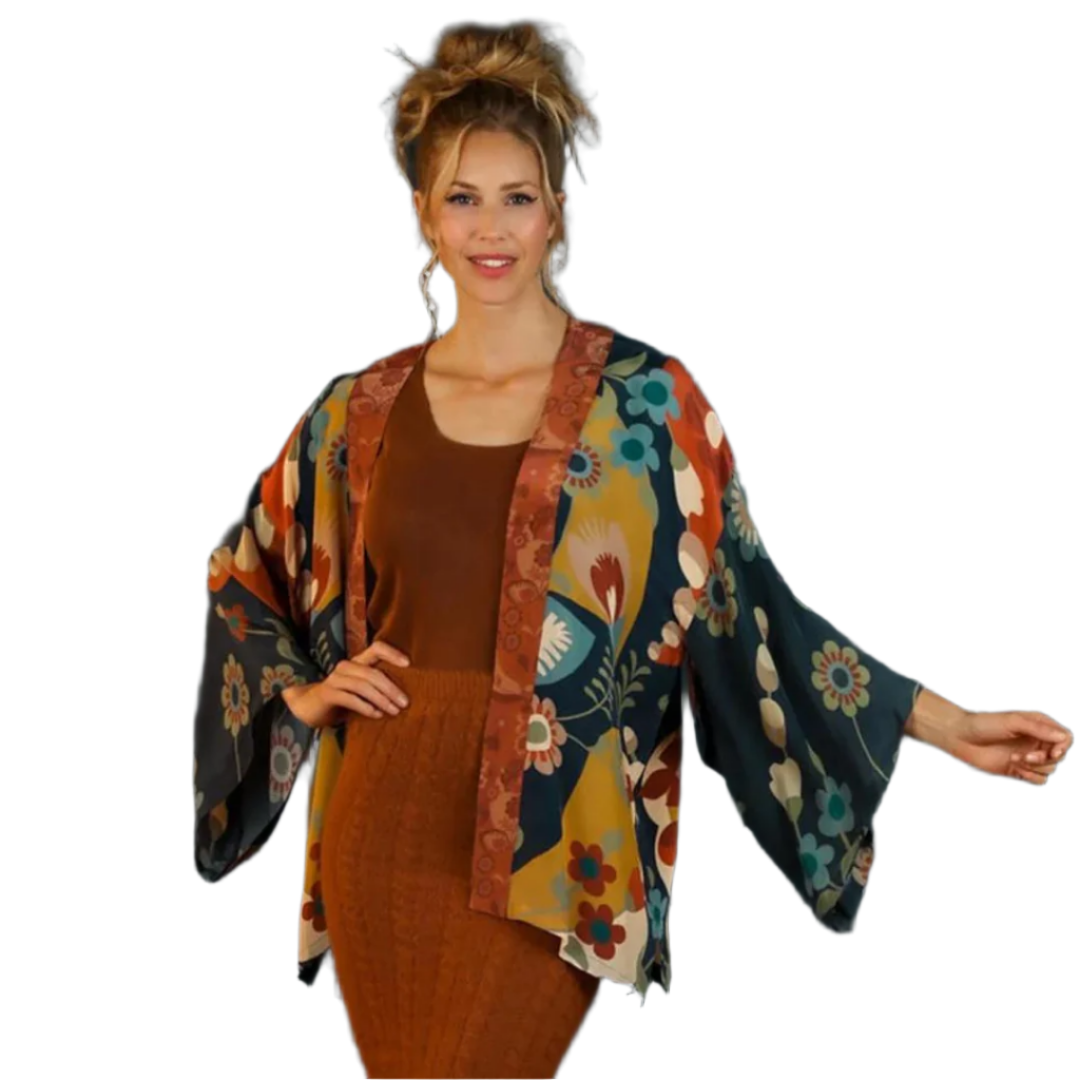 kimono with a scandi floral design in autumnal colours