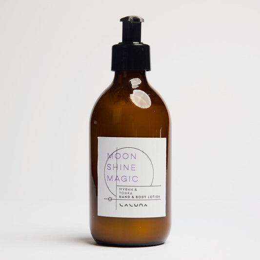 Moon shine Magic Hand and Body lotion is a luxurious product by Laluna, a locally one woman company created by Beth Merriman. The notes are Myrrh and Tonka