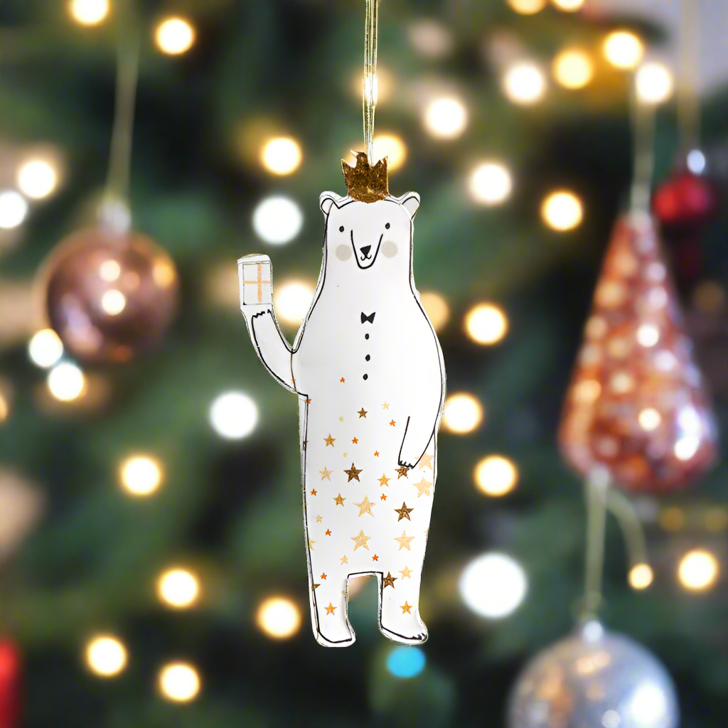 Hanging white bear with crown