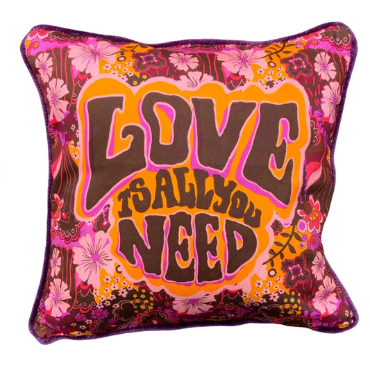 love is all you need logo on this retro canvas front and luxurious velvet backed cushion piped in velvet