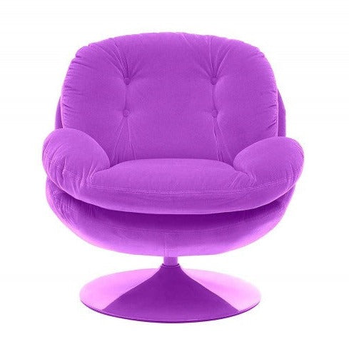 Purple armchair. Combining style and comfort this retro 70s inspired swivel chair in velour and on a pivotal base is a real show stopper.&nbsp; Perfect for your living area or in a bedroom.