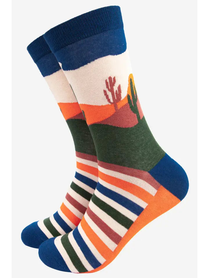 Men's Wild West themed desert landscape. These bamboo socks feature a warm sunset, a cactus and soaring eagle.