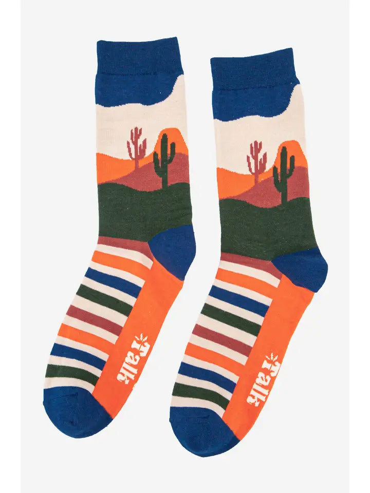 Men's Wild West themed desert landscape. These bamboo socks feature a warm sunset, a cactus and soaring eagle.