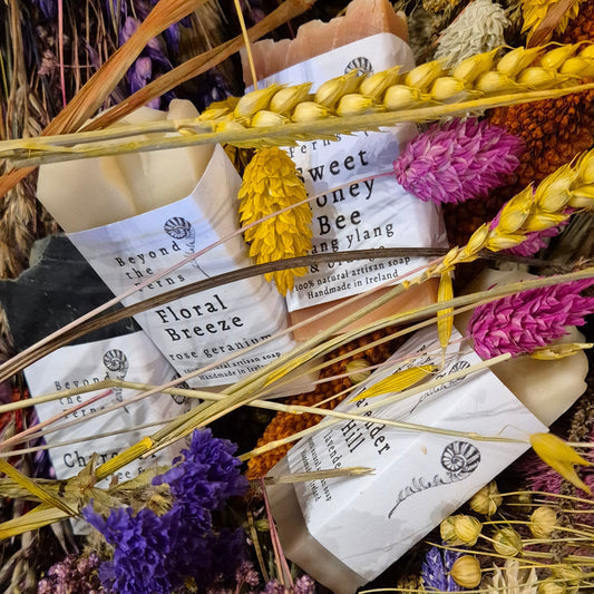 A little box filled with 4 mini hand made soaps by Beyond the ferns, a Wicklow based hand made brand. Woman owned