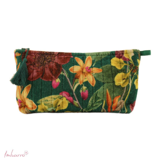 cosmetic bag green with flowers and zipper