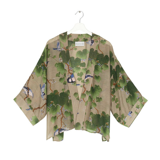 kimono with branch and bird design with green beige colourway