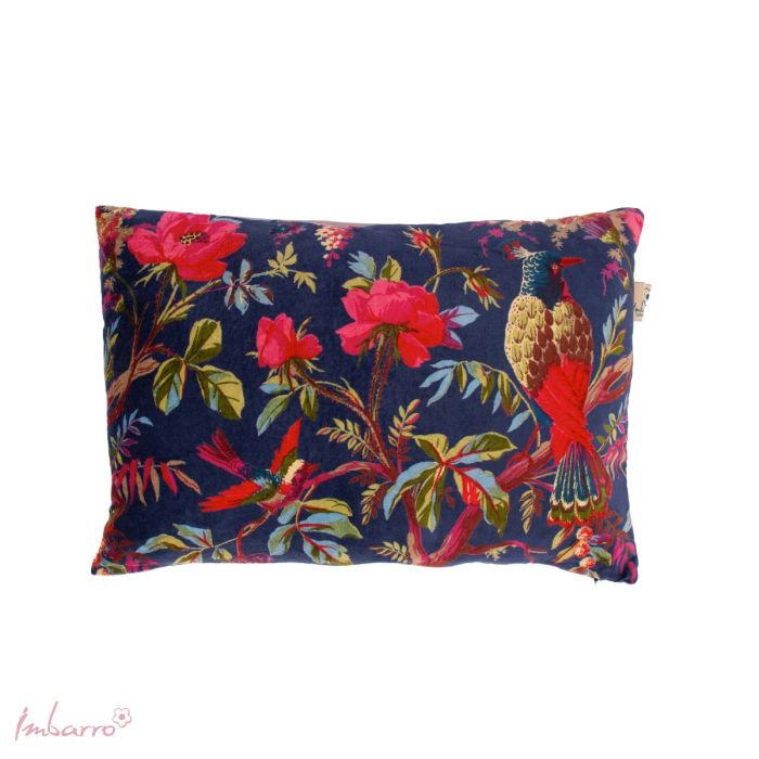 dark blue velvet feel cushion with exotic bird and florals