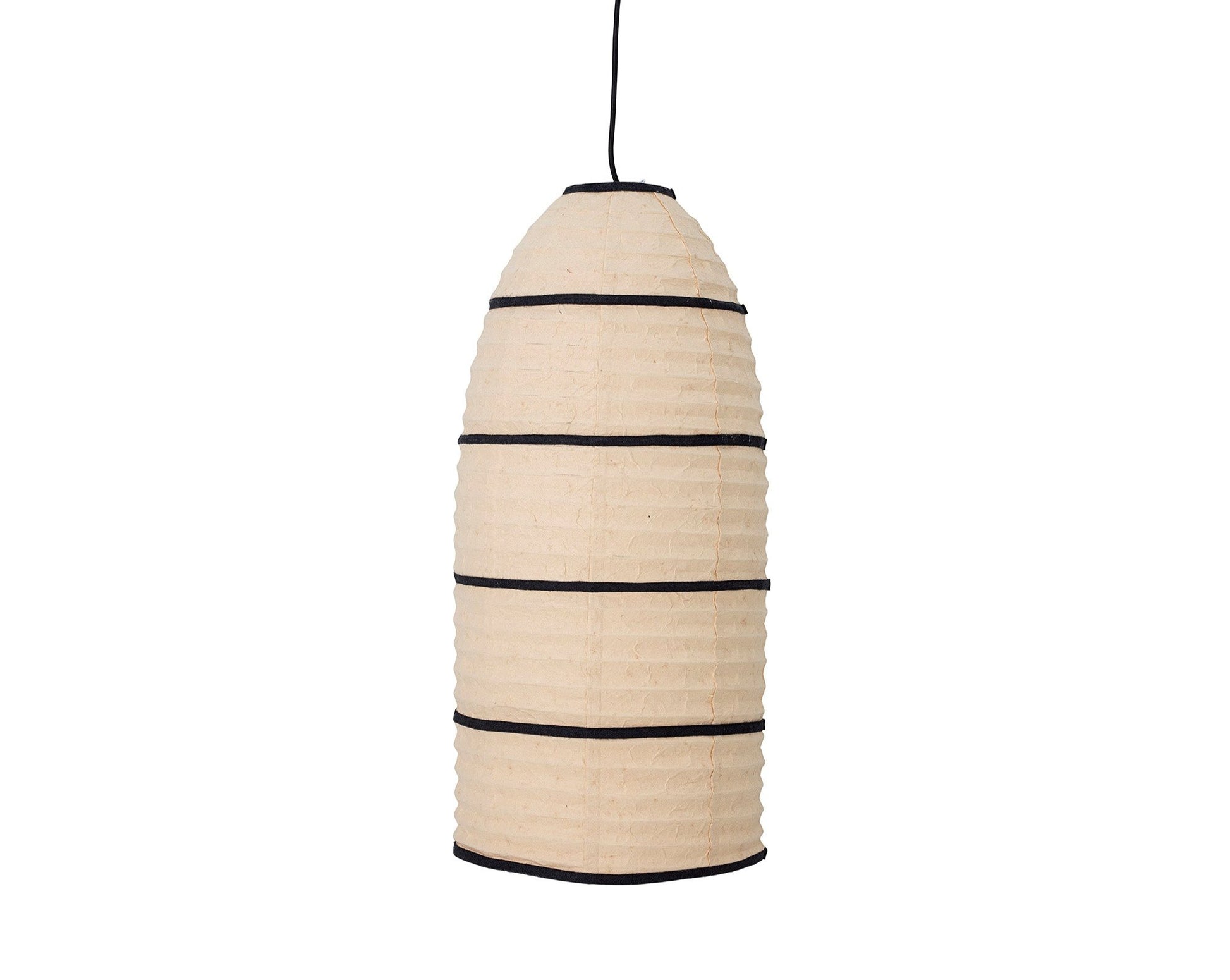 the larrin is a cylindrical paper shade with stripes of black fabric. It is 62cm high and 29cm in diameter and has a very nordic look