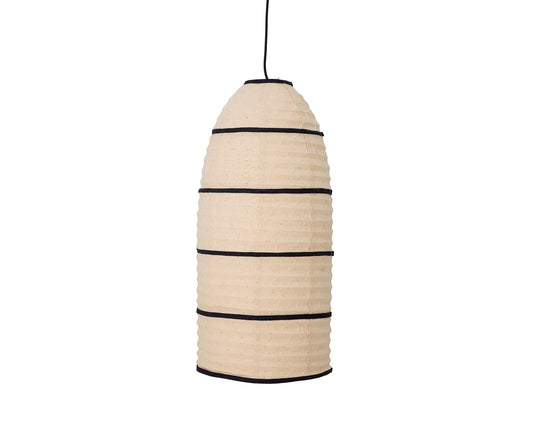 the larrin is a cylindrical paper shade with stripes of black fabric. It is 62cm high and 29cm in diameter and has a very nordic look