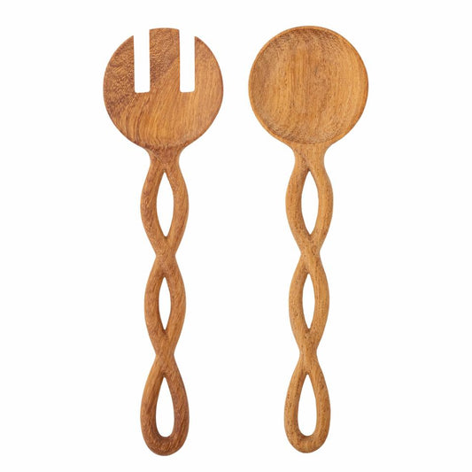 The Pinar Salad Servers have a beautiful hand-carved design. Each piece is unique and will vary a bit in shape and size due to the handmade design. This serving set is perfect for serving your favorite dishes and adds a rustic and natural touch to your table setting.