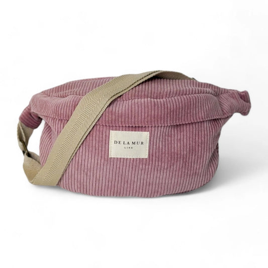 crossbody bag in pink cord with beige herringbone strap