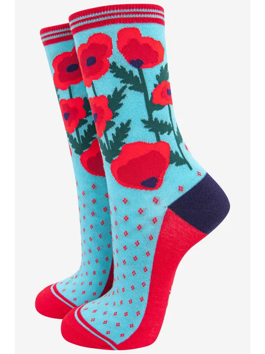 Bamboo ladies socks with a turquoise background and red poppies