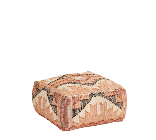 Handwoven wool pouf. Beautiful pattern in oarange, burnt red, sand and black. light-weight. dimensions 60cm x 60cm x 30cm