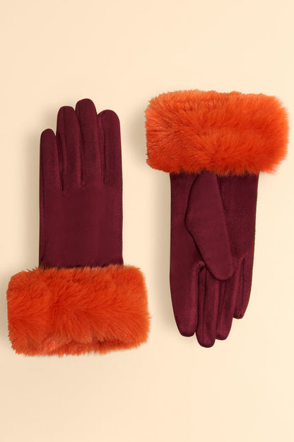 Bettina Faux Suede/Faux Fur Gloves in Burgundy and Tangerine