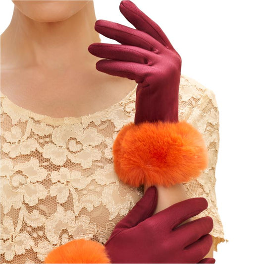 womens gloves in burgundy with tangerine fur trim