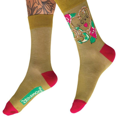 mens or unisex socks with love tatoo motif, base colour green, toes and ankle in red