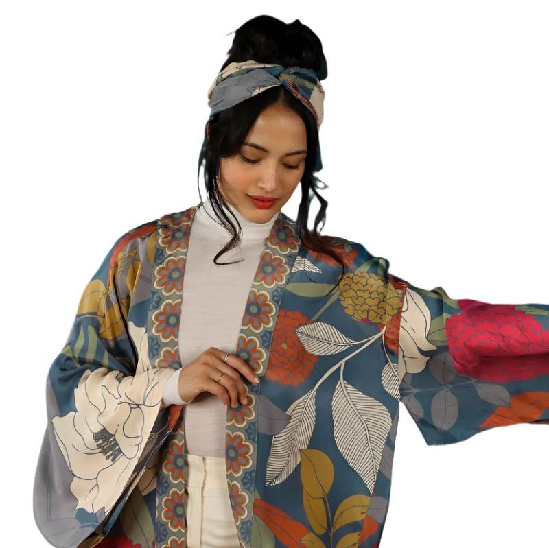 kimono with winter floral design teal background 