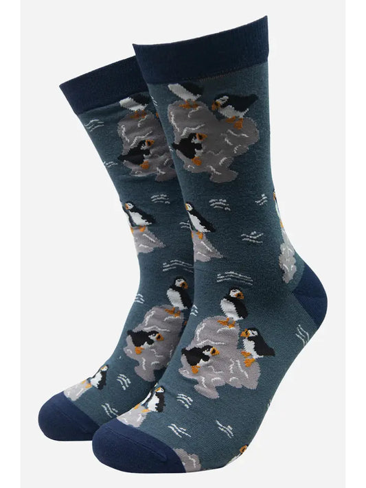 Mens bamboo sock 70% 28% polyester 2%elastine depicting puffins
