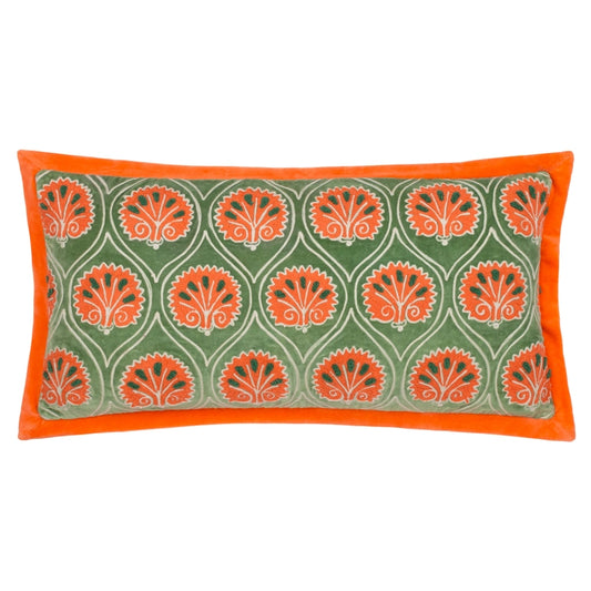 rectangular cushion with orange trim and orange motif with pale green background