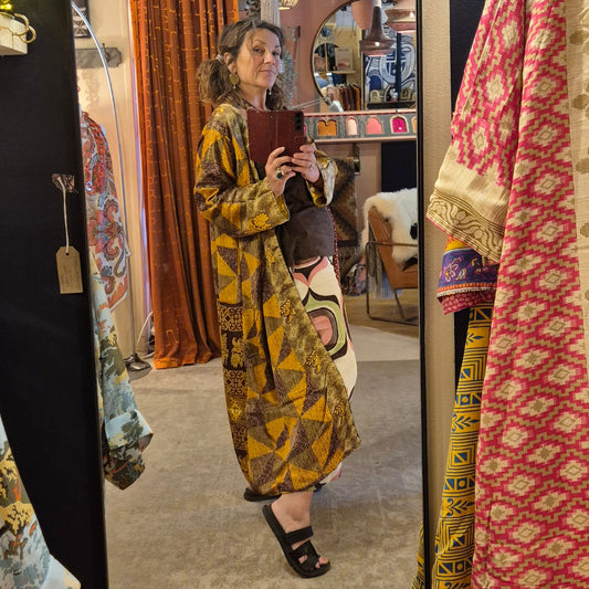 Reversible, long, silk kimono. Each one completely unique and made from sustainable vintage silk saris
