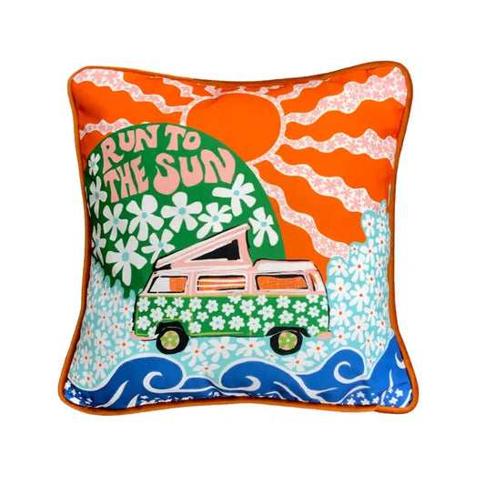 Run to the sun is the motif on this retro canvas and luxurious velvet cushion. The back velvet is in navy and the handmade piping is in a burnt orange. The v/w camper van, waves and flower power theme make it a really fun piece to have in your camper van or caravan but of course it will always look amazing in your home and will lift your mood.