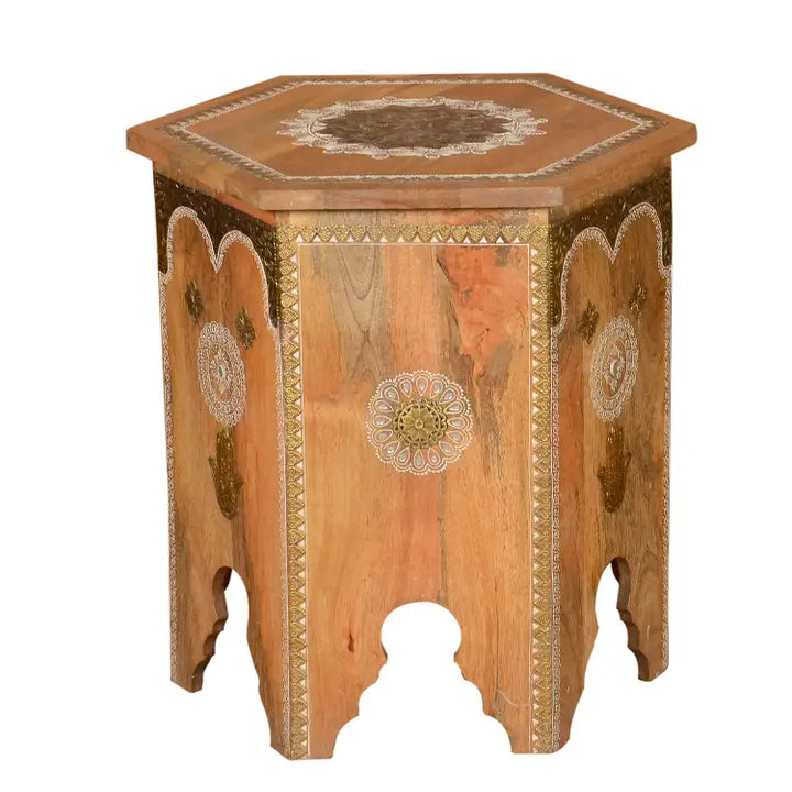 solid wood side table with buddha hand design and intricated detailed carvings