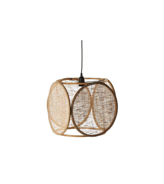 Woven pendant light with natural brown and beige design on a white background