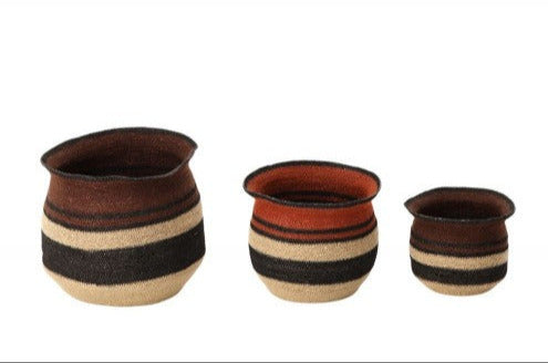 striped baskets in three sizes - stripes of brown natural and black, orange natural and black