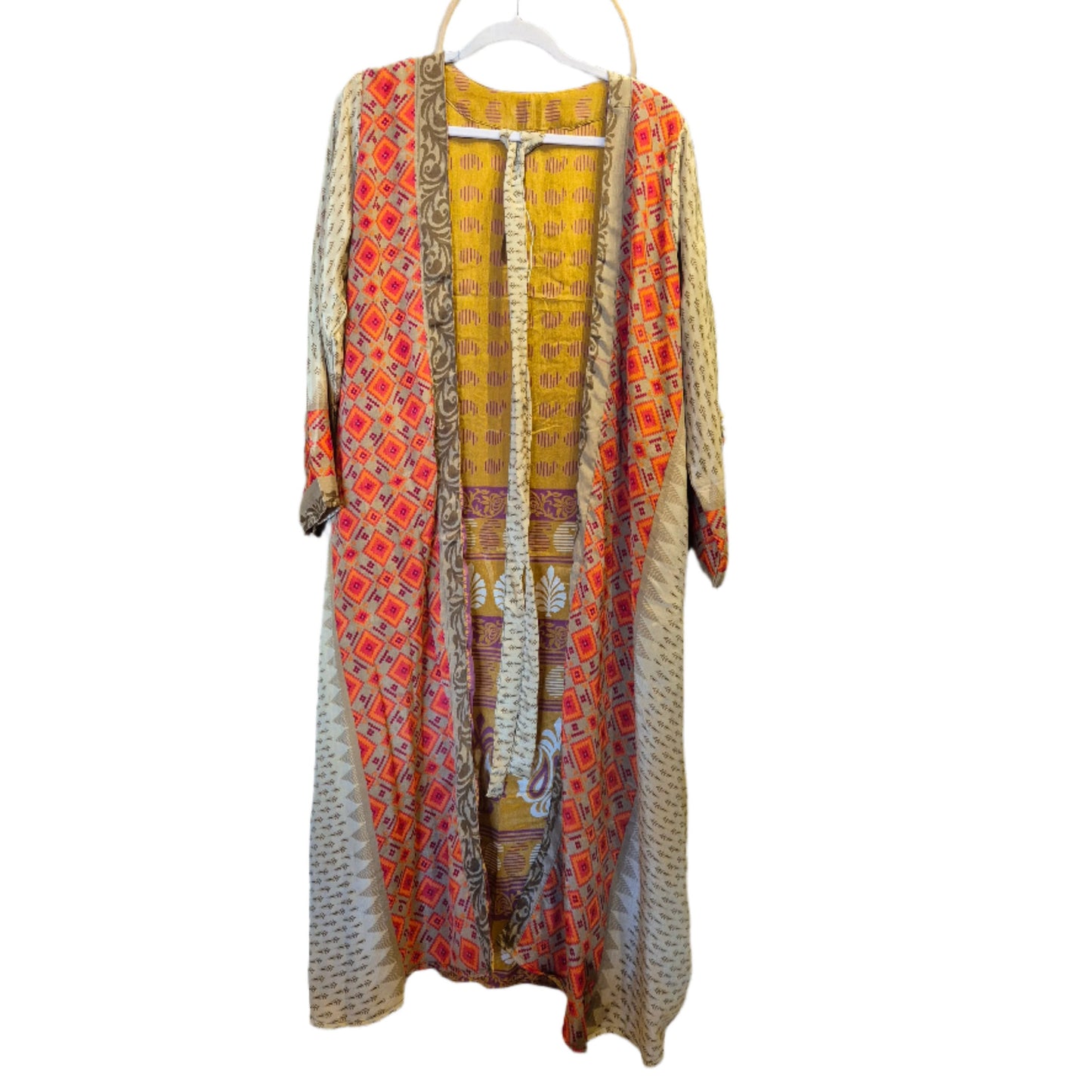 Reversible silk kimono with multi coloured designs