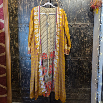 Reversible silk kimono with multi coloured designs